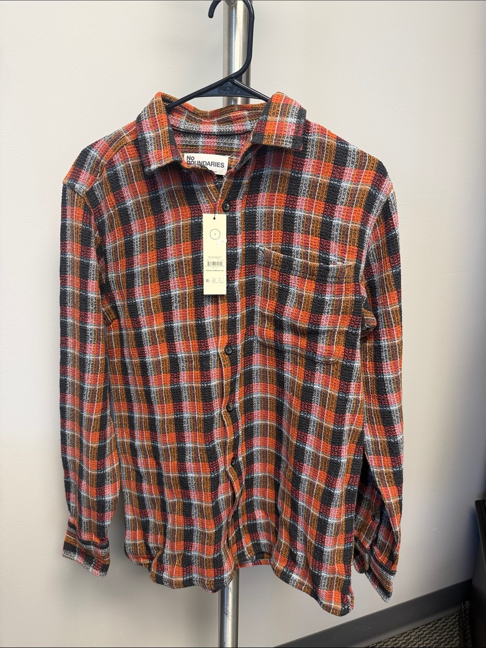 No Boundaries Men's Orange and Black Plaid Button-Down Shirt